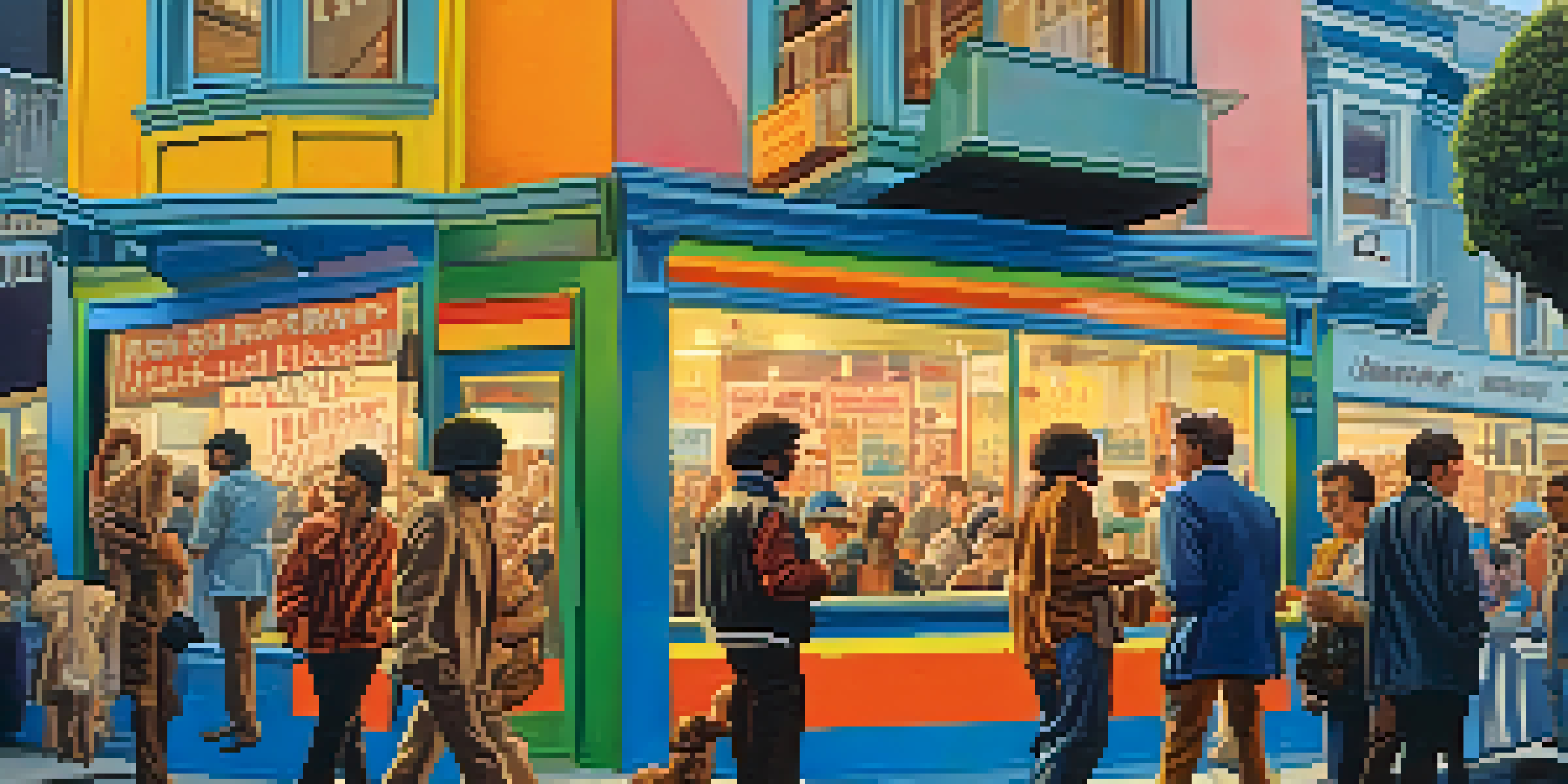 A lively street scene in San Francisco during the 1960s with colorful posters and people engaging in conversations.