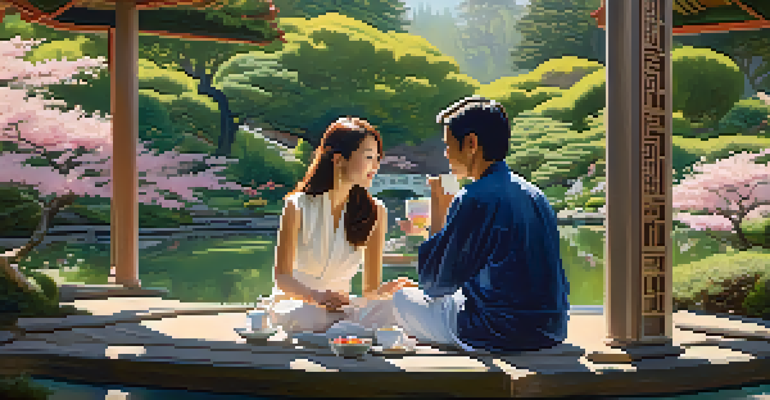 A couple enjoying tea in the Japanese Tea Garden at Golden Gate Park, surrounded by greenery and cherry blossoms.