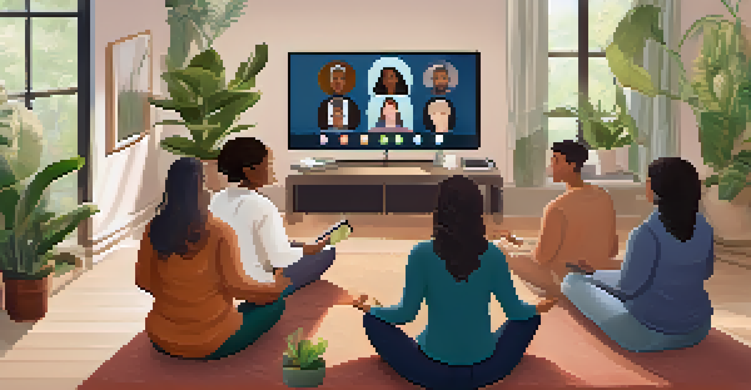 A computer screen showing a virtual group meditation session in a cozy living room setting.