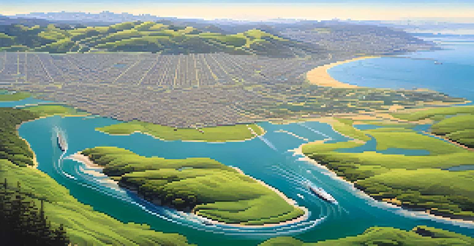 An aerial view of San Francisco Bay showing the interaction between freshwater rivers and ocean water during high tide, with boats and wetlands.