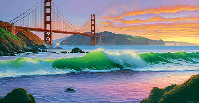 A stunning sunset over San Francisco's coastline with the Golden Gate Bridge in silhouette and waves crashing against the cliffs.