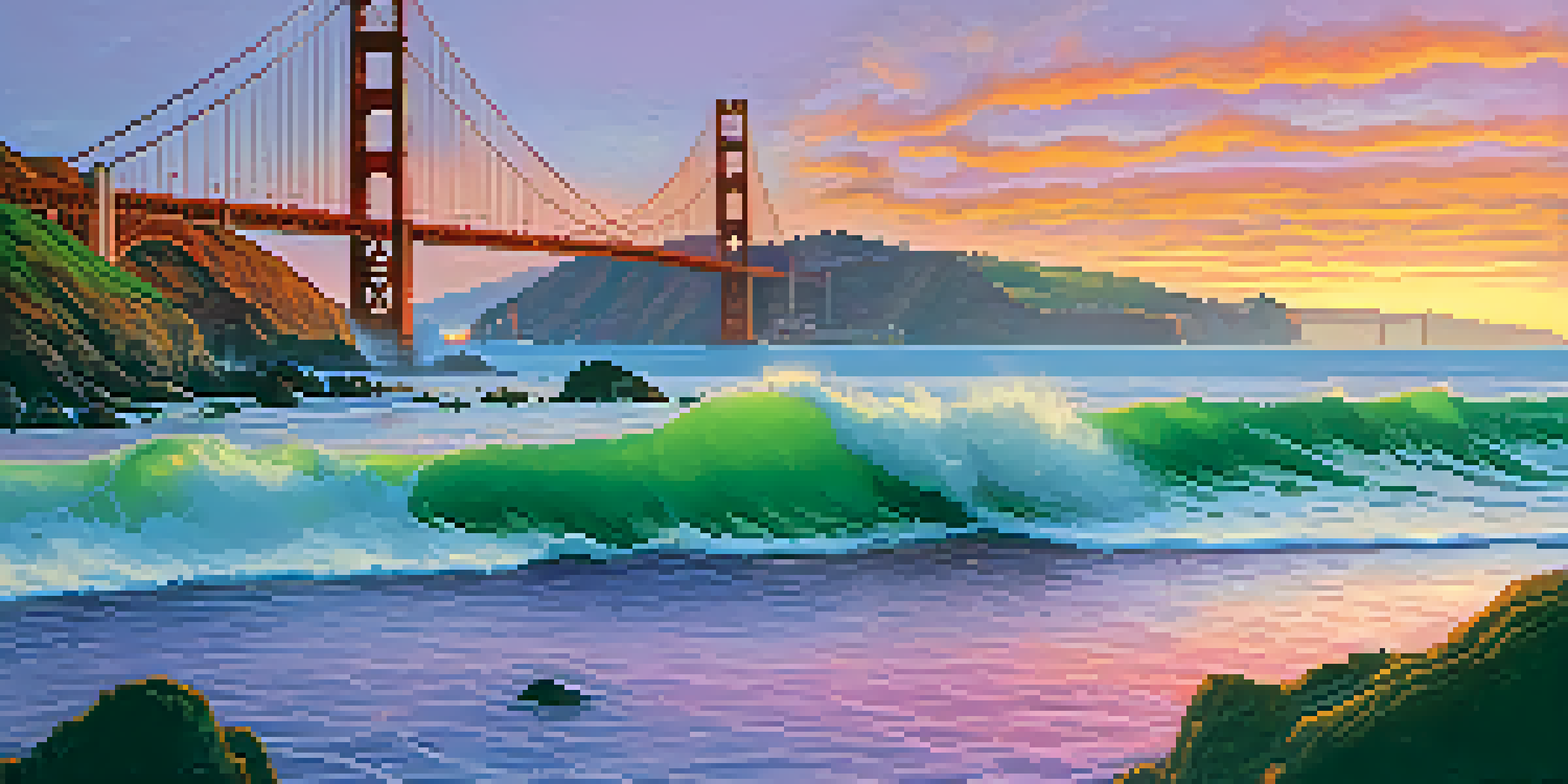 A stunning sunset over San Francisco's coastline with the Golden Gate Bridge in silhouette and waves crashing against the cliffs.