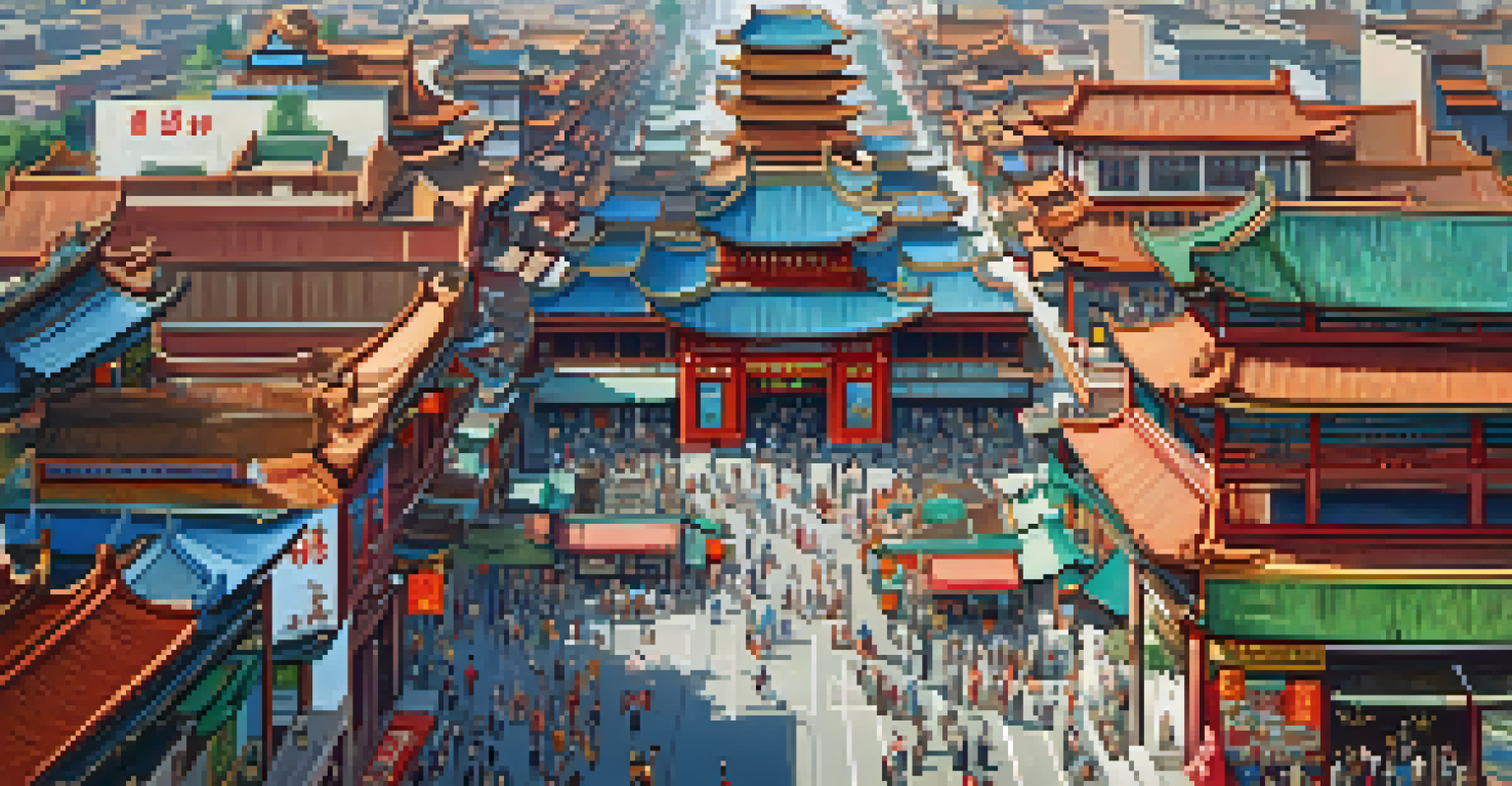 An aerial view of Chinatown highlighting its traditional Chinese architecture, colorful storefronts, and the iconic Dragon Gate.