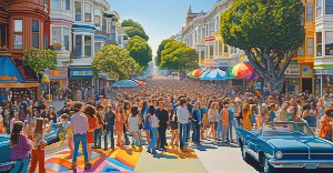 A bustling street filled with people dressed in 1960s clothing, surrounded by art and decorations, under warm sunlight.