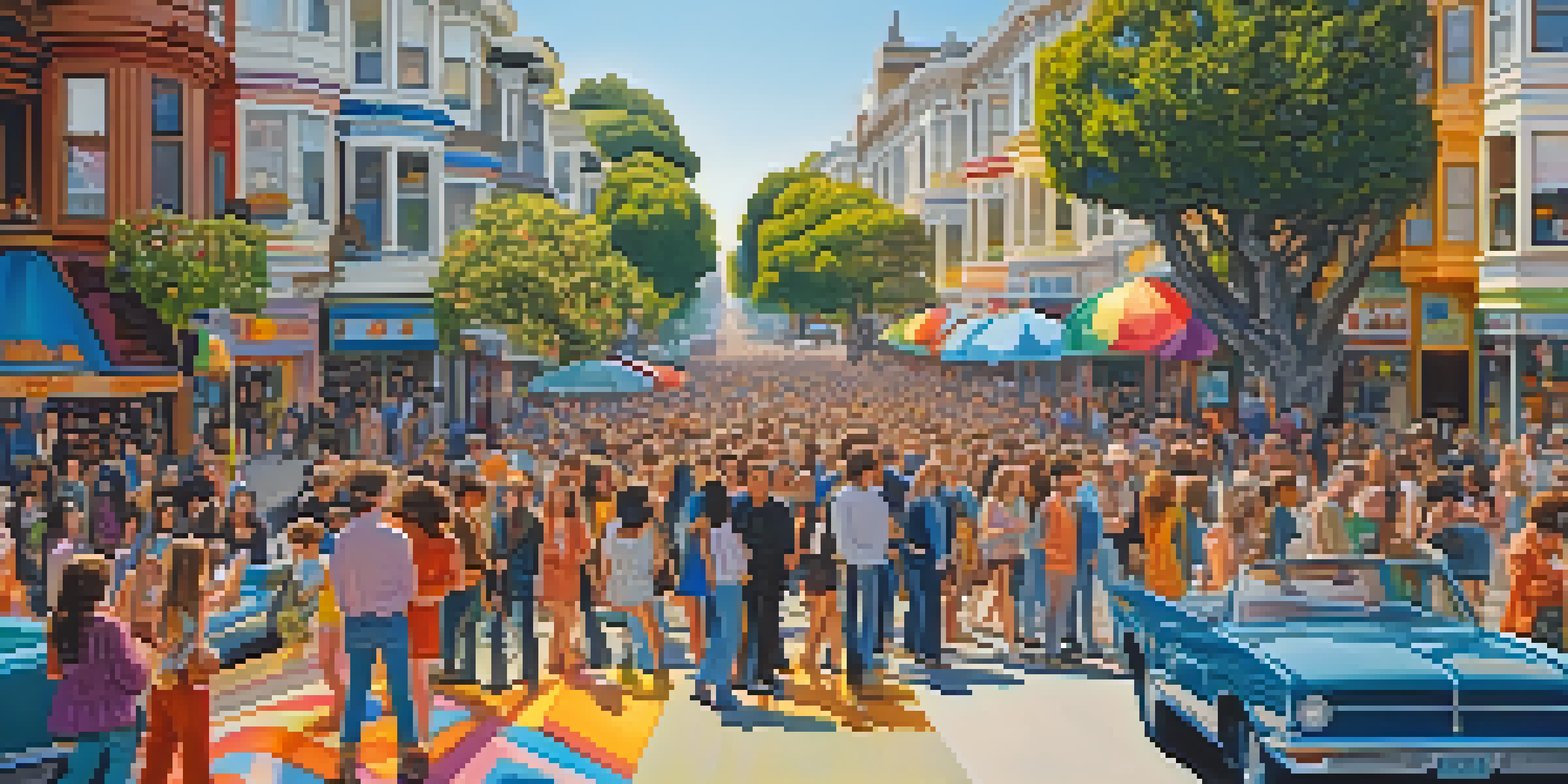 A bustling street filled with people dressed in 1960s clothing, surrounded by art and decorations, under warm sunlight.