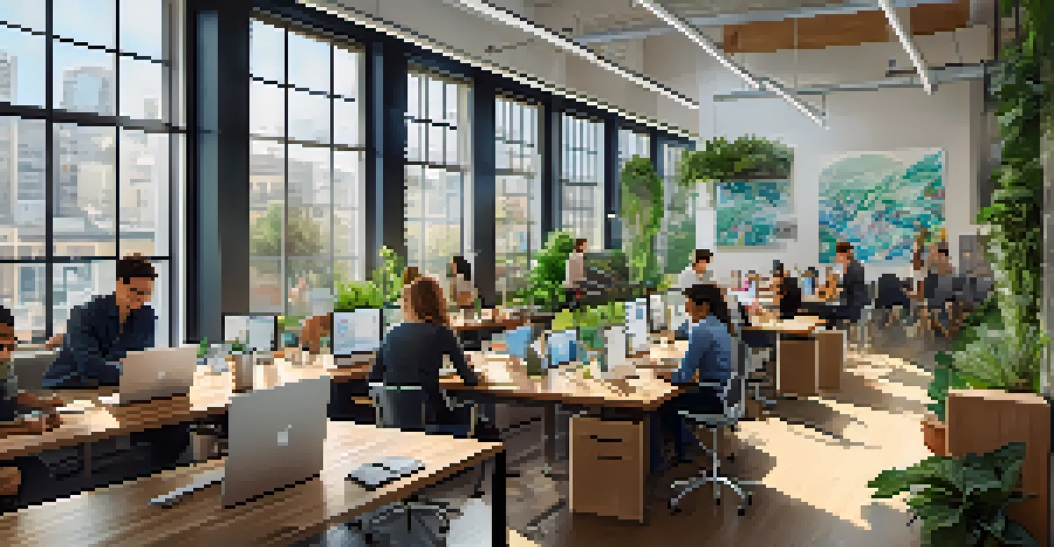 A modern startup office in San Francisco with a diverse team working together at a large table.