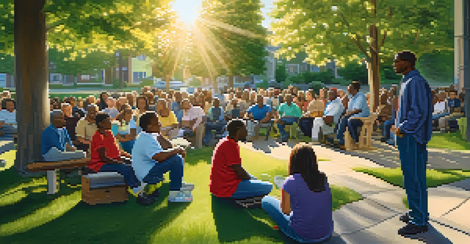 Residents gathered in a park for a community meeting on safety, showing a mix of emotions in an outdoor setting.