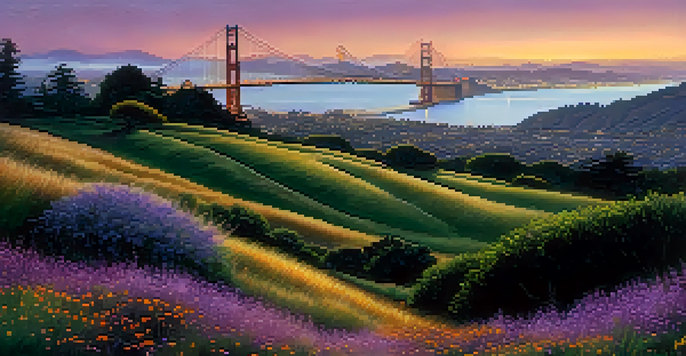 A panoramic view of San Francisco at dusk with the Golden Gate Bridge, fog, and a colorful sunset.
