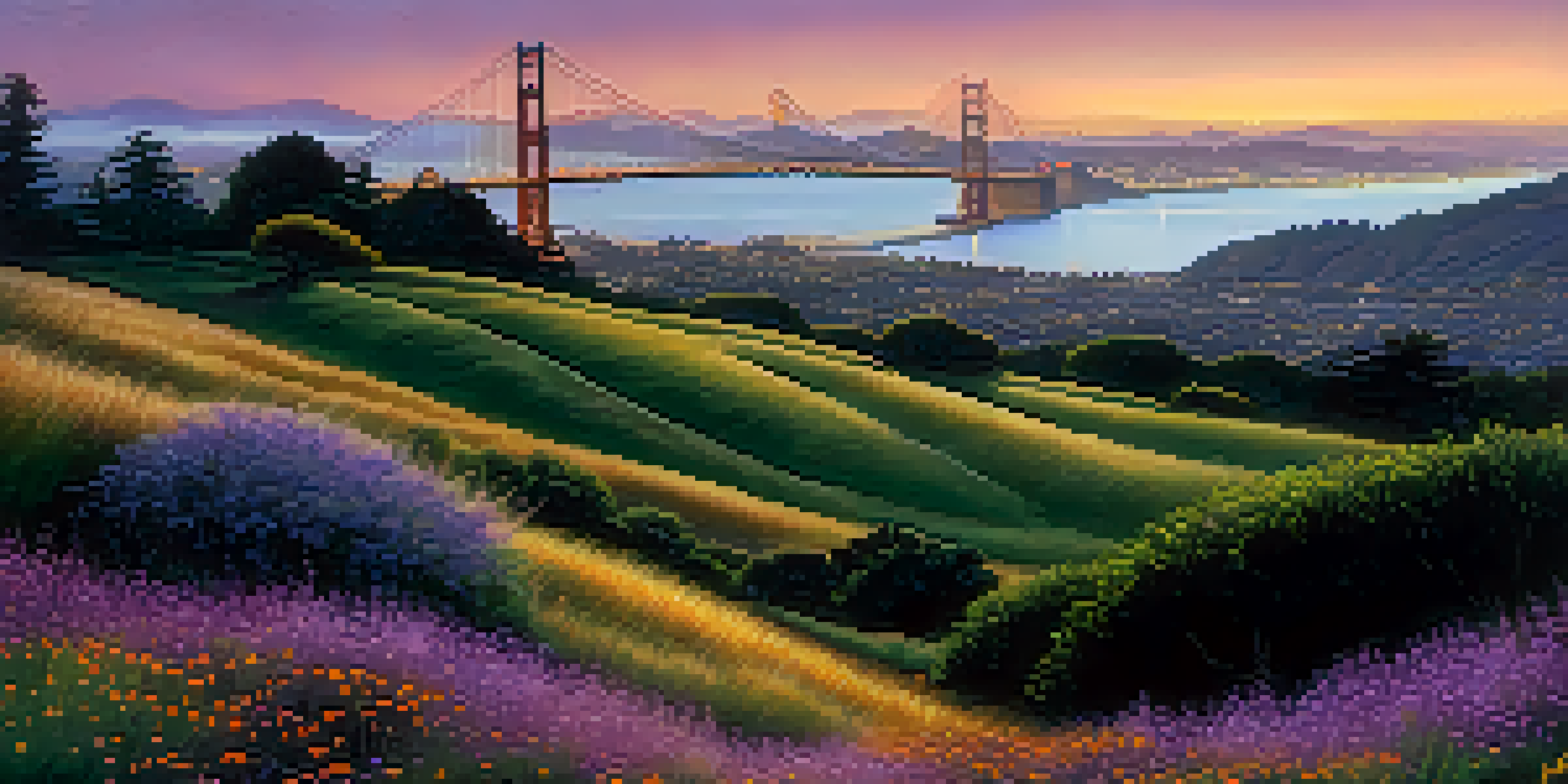 A panoramic view of San Francisco at dusk with the Golden Gate Bridge, fog, and a colorful sunset.