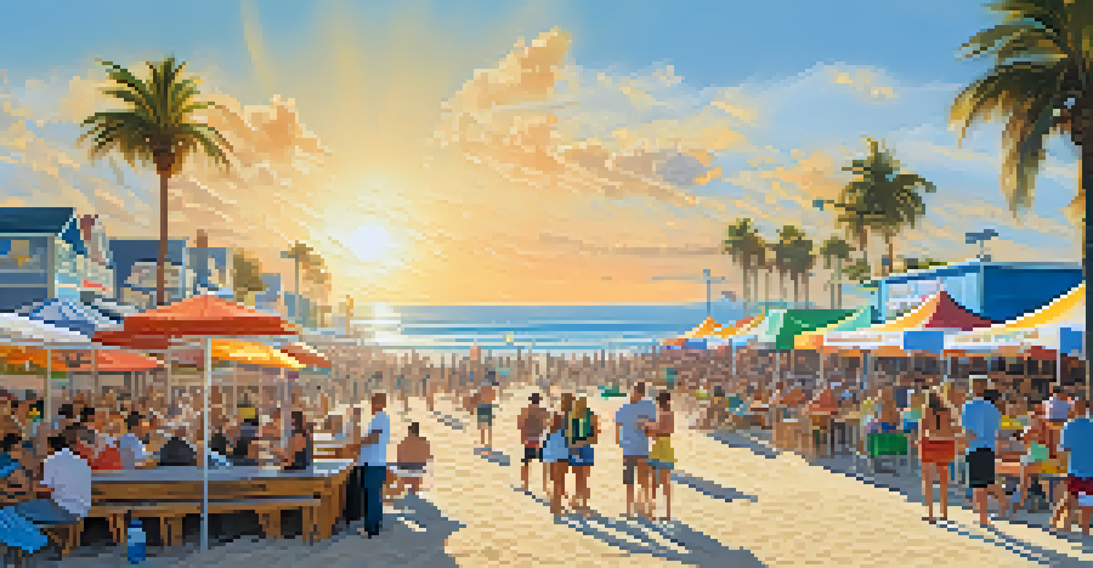 A sunny beach scene at the Ocean Beach Beer Festival, with people enjoying craft beers and food trucks nearby, and the ocean in the background.