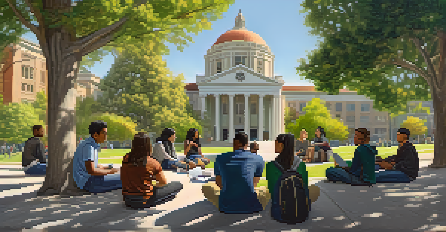 A diverse group of students discussing ideas outdoors at UC Berkeley, surrounded by campus architecture and greenery.