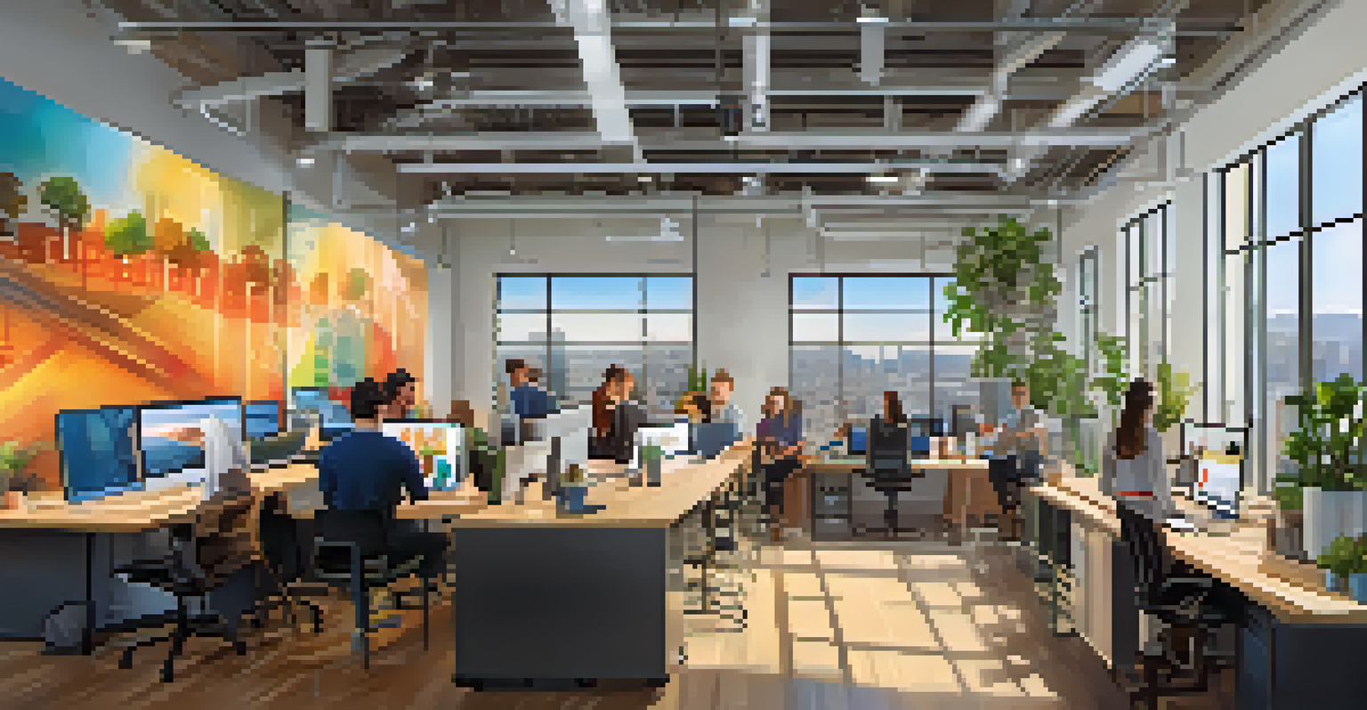 A modern tech startup office in San Francisco showcasing young professionals collaborating in an open space, surrounded by colorful murals and plants with ample natural light.