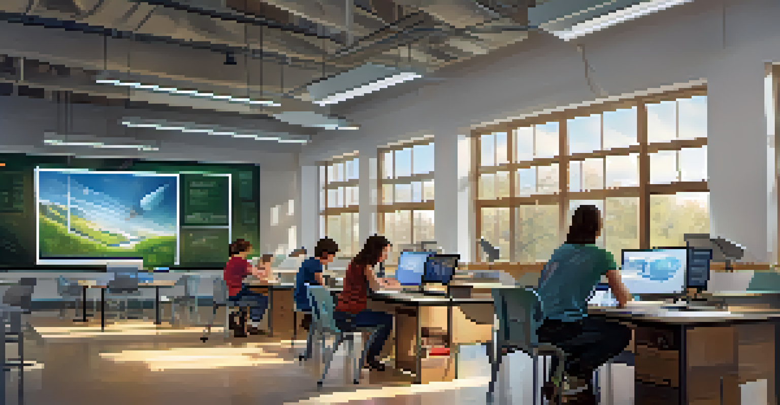 A classroom where students are collaborating on tech projects with computers and tools, illuminated by natural light.