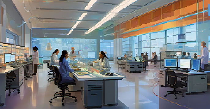 A modern research lab with diverse scientists collaborating on projects, featuring a large screen displaying data and high-tech equipment.