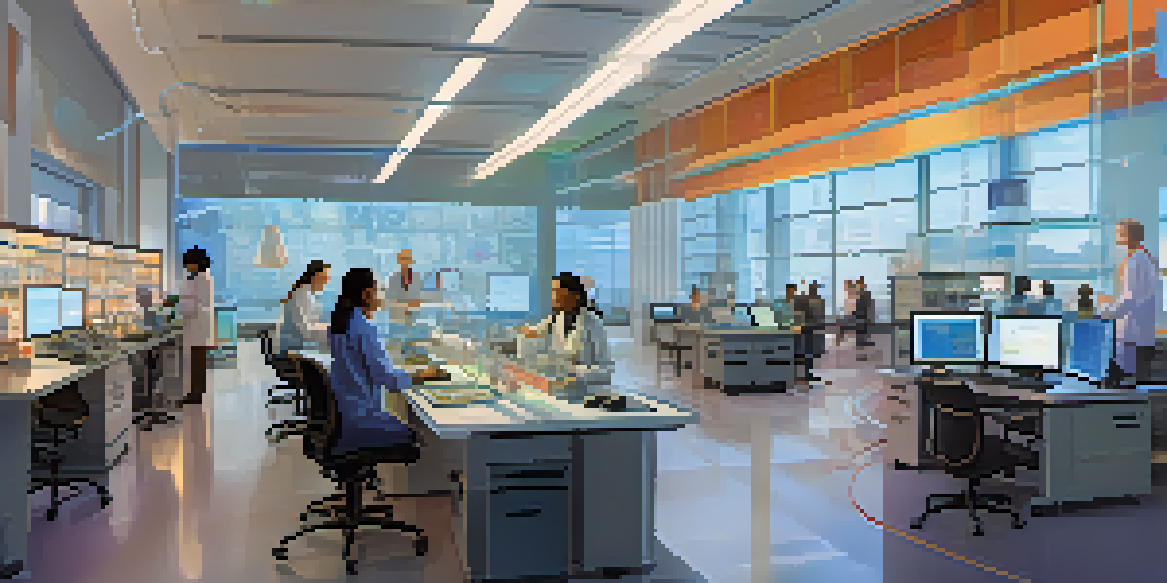 A modern research lab with diverse scientists collaborating on projects, featuring a large screen displaying data and high-tech equipment.