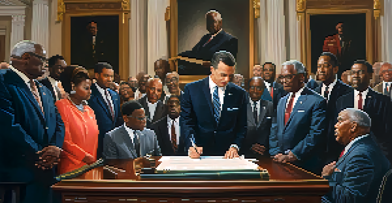 Civil rights leaders gathered in a historic room for the signing of the Voting Rights Act of 1965, showcasing their determination and hope.