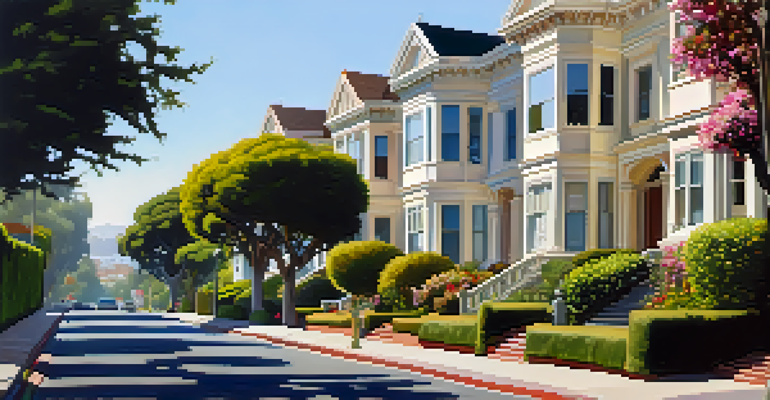 A tranquil residential street in Presidio Heights, San Francisco, with elegant houses, gardens, and morning light.