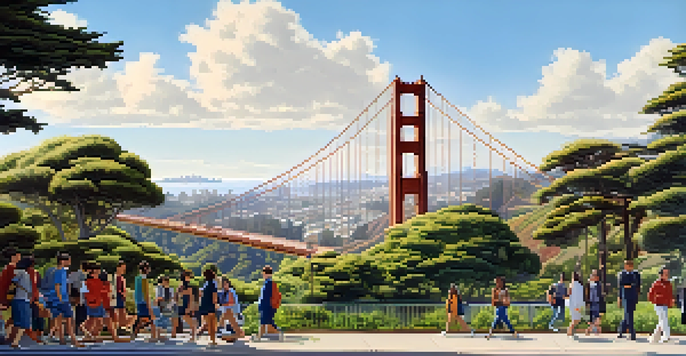 A sunny day at the University of California, San Francisco campus with students walking among modern buildings and greenery, and the Golden Gate Bridge in the background.