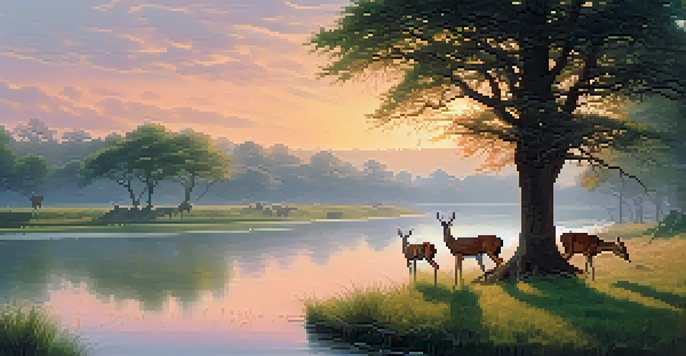 A peaceful wildlife reserve at sunrise with deer grazing by a river, surrounded by lush trees and a misty atmosphere.