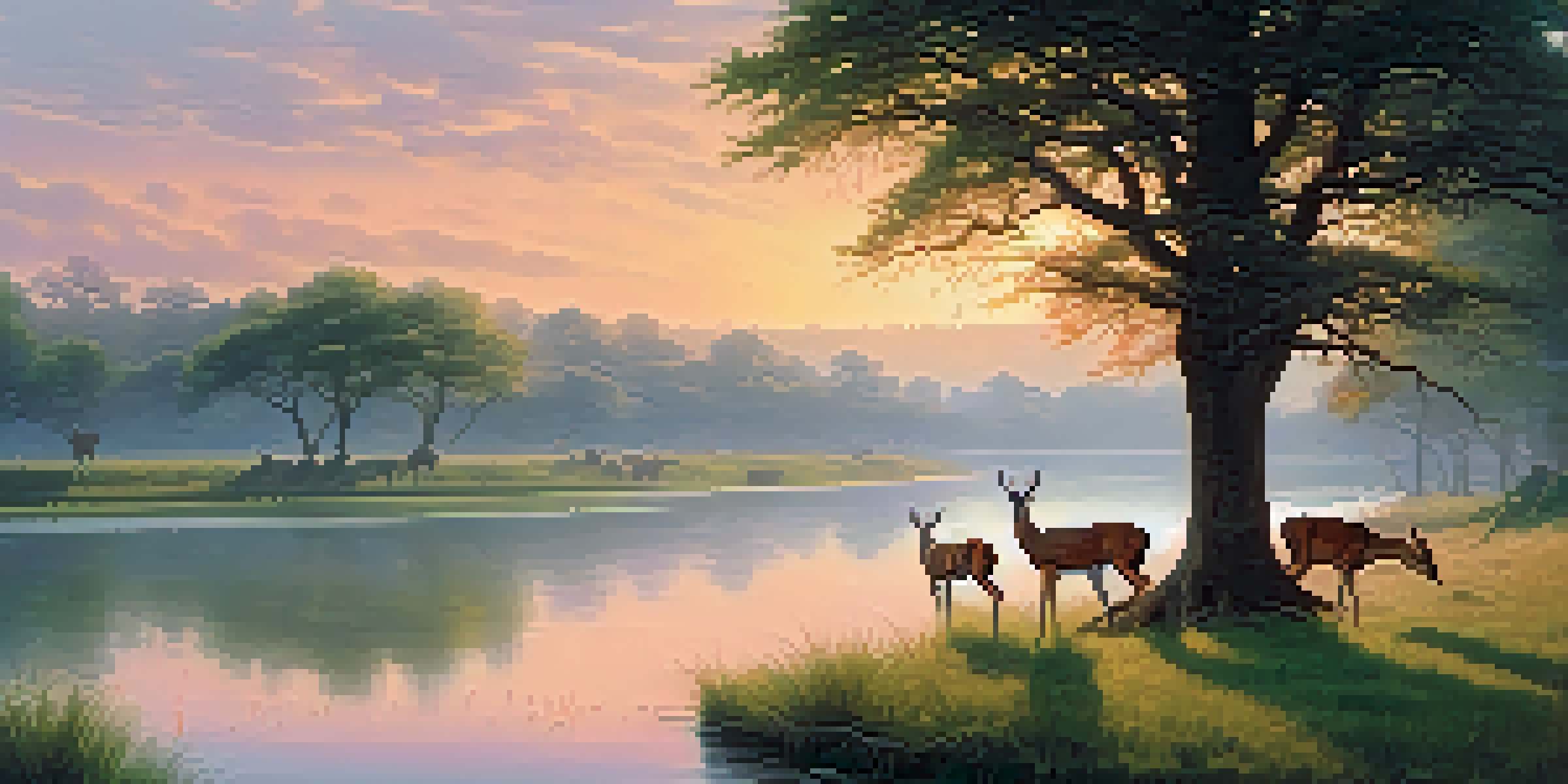 A peaceful wildlife reserve at sunrise with deer grazing by a river, surrounded by lush trees and a misty atmosphere.