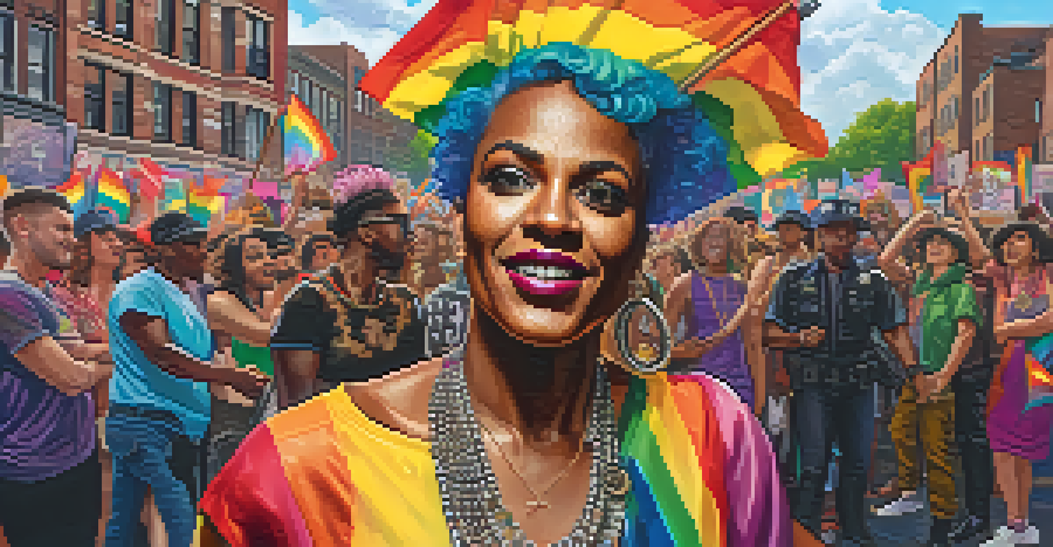 Marsha P. Johnson standing confidently in an urban setting during the Stonewall uprising, surrounded by LGBTQ+ activists and colorful decorations.