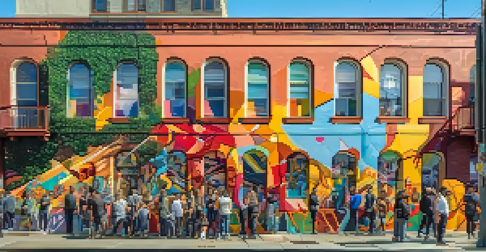 A colorful street mural in San Francisco with people admiring it under bright sunlight.