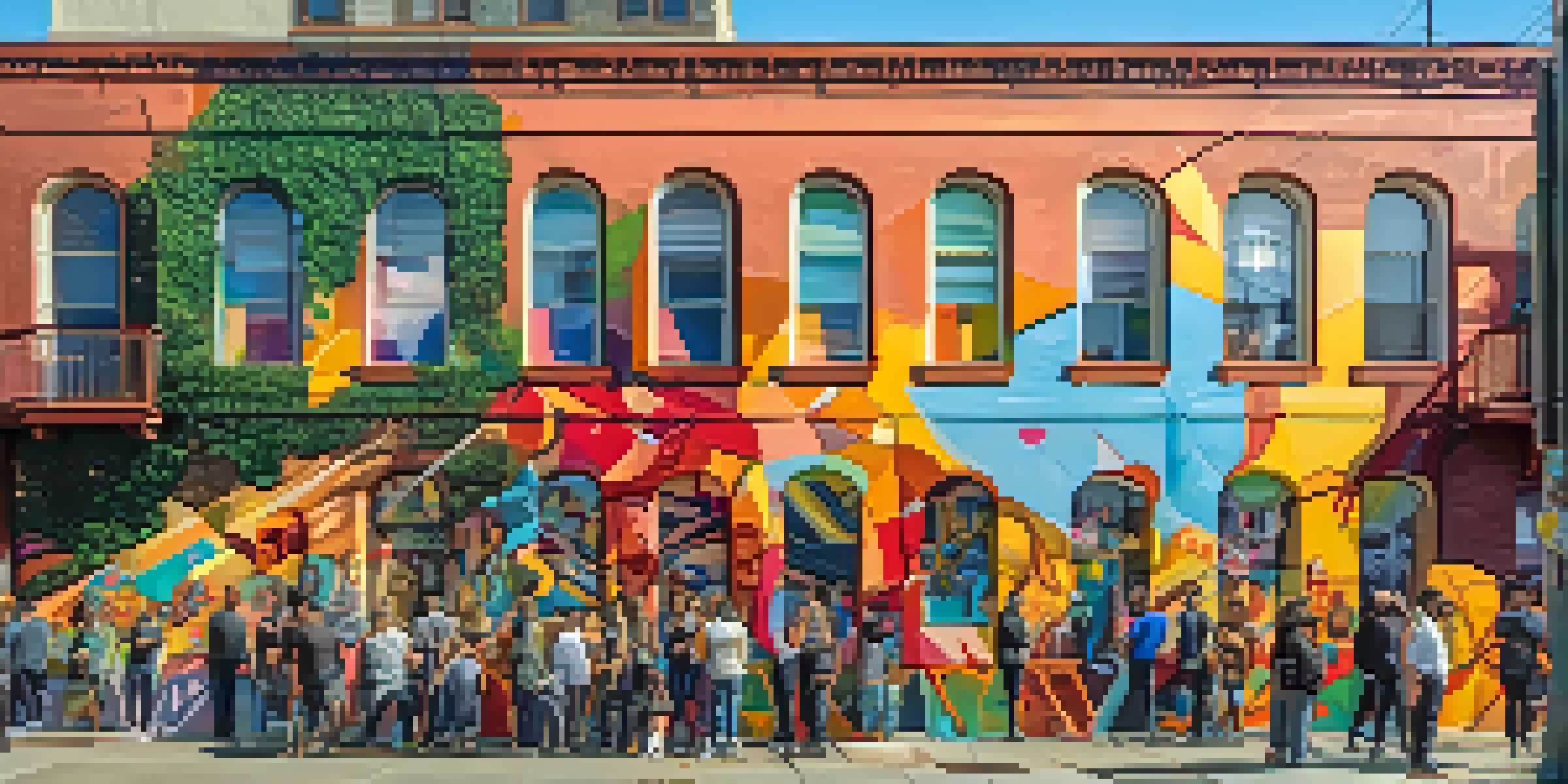 A colorful street mural in San Francisco with people admiring it under bright sunlight.