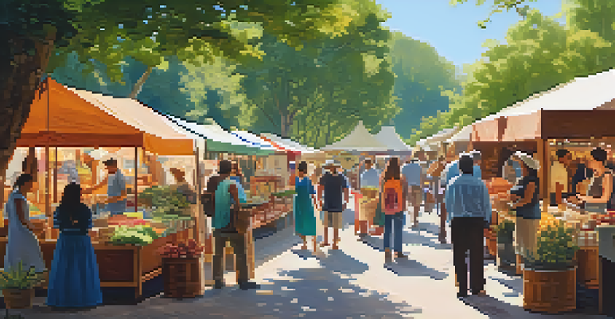 A lively craft market with colorful stalls and artisans interacting with customers under bright sunlight.