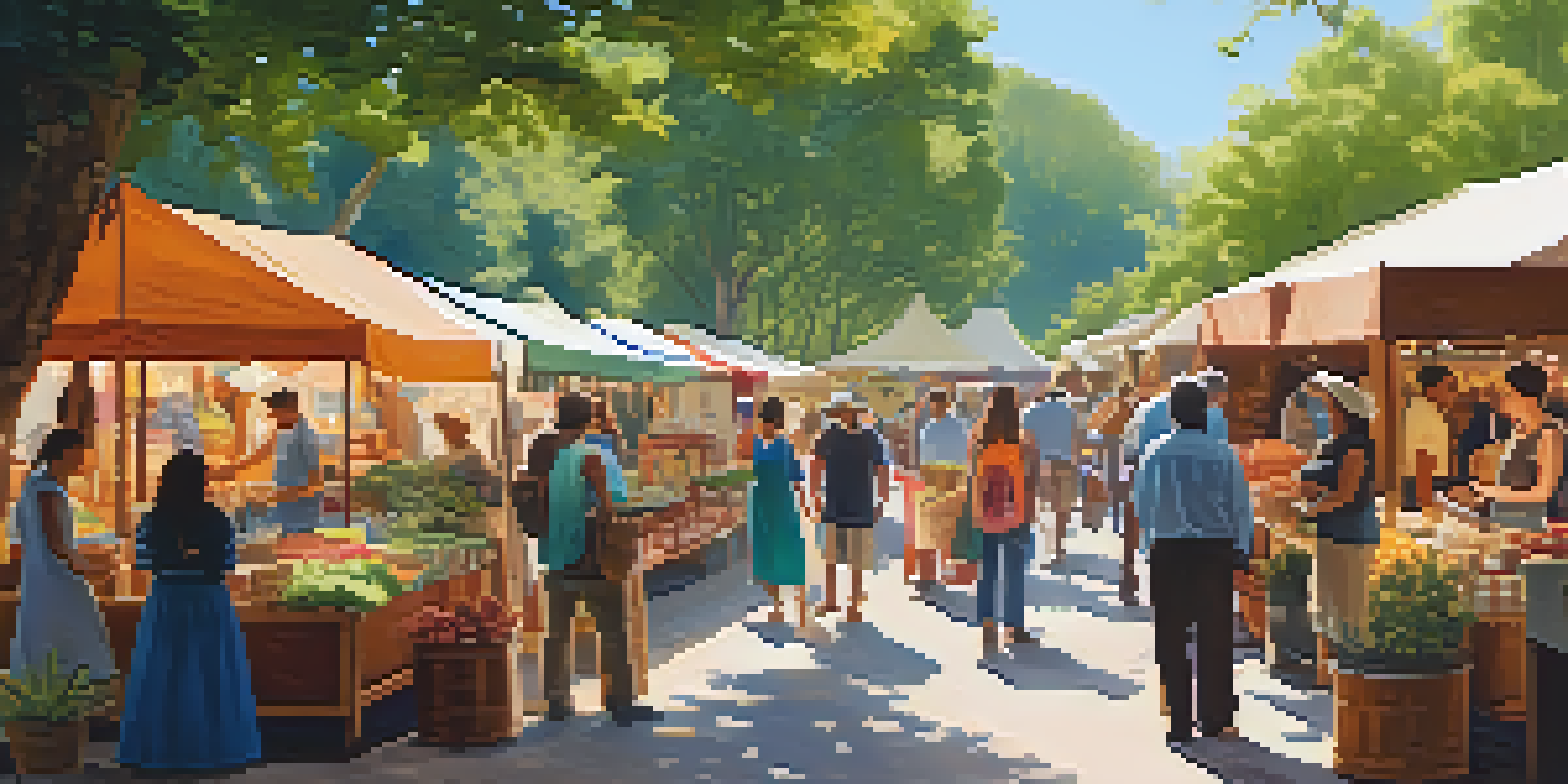 A lively craft market with colorful stalls and artisans interacting with customers under bright sunlight.