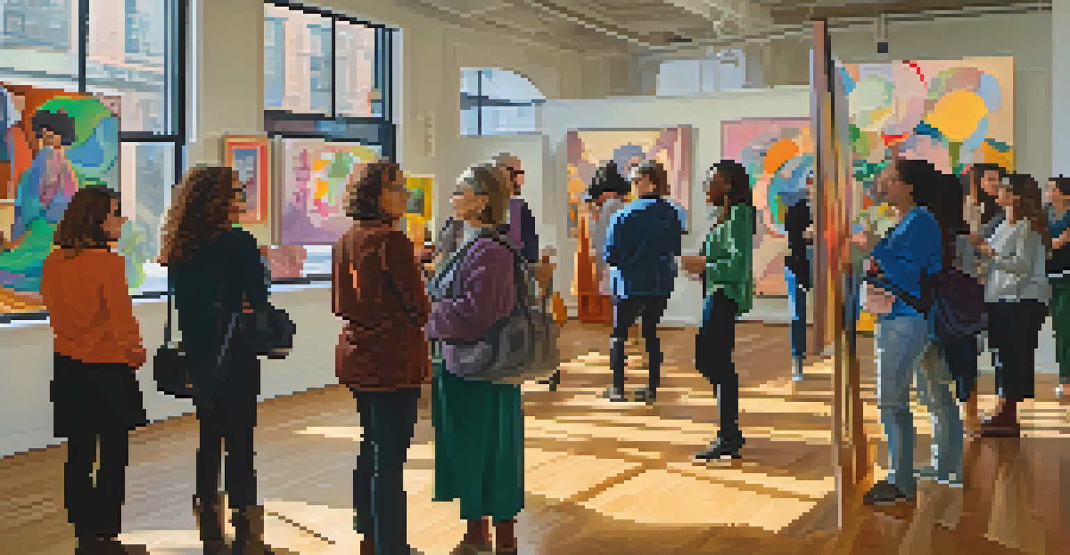 Visitors admiring diverse artworks at a feminist art exhibit in San Francisco, showcasing the creativity of women artists in a well-lit space.
