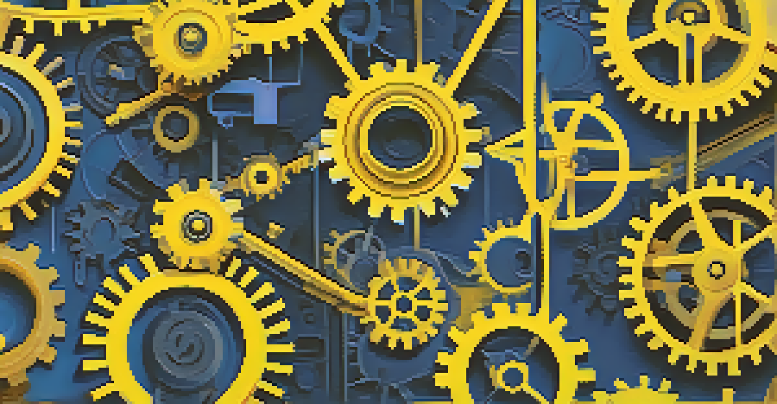 An abstract image showing interconnected gears and lightbulbs against a vibrant blue to yellow gradient background, symbolizing innovation.