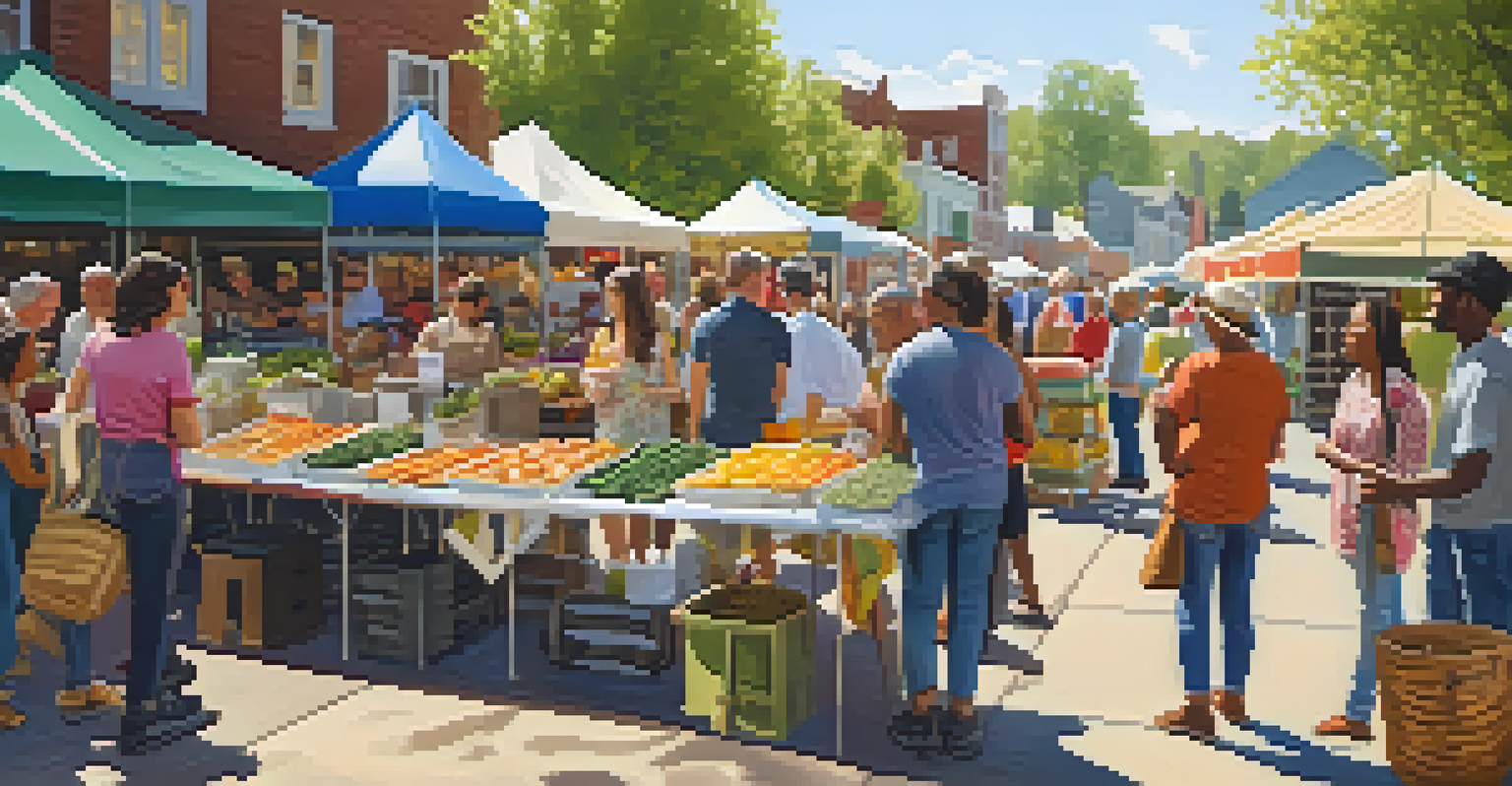 A diverse group of people enjoying a farmers' market, sharing recipes and listening to live music, surrounded by colorful food stalls.