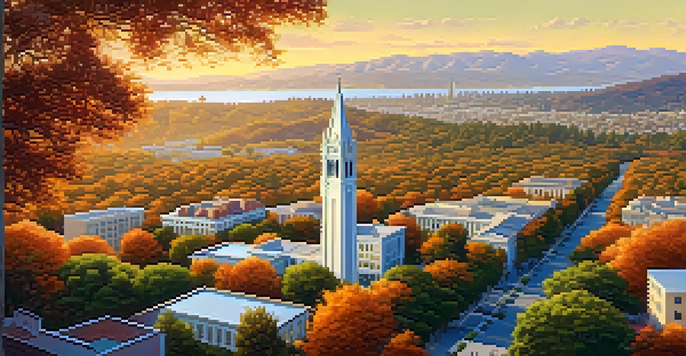 Aerial view of the UC Berkeley campus with the Campanile tower and colorful autumn trees under golden hour lighting.