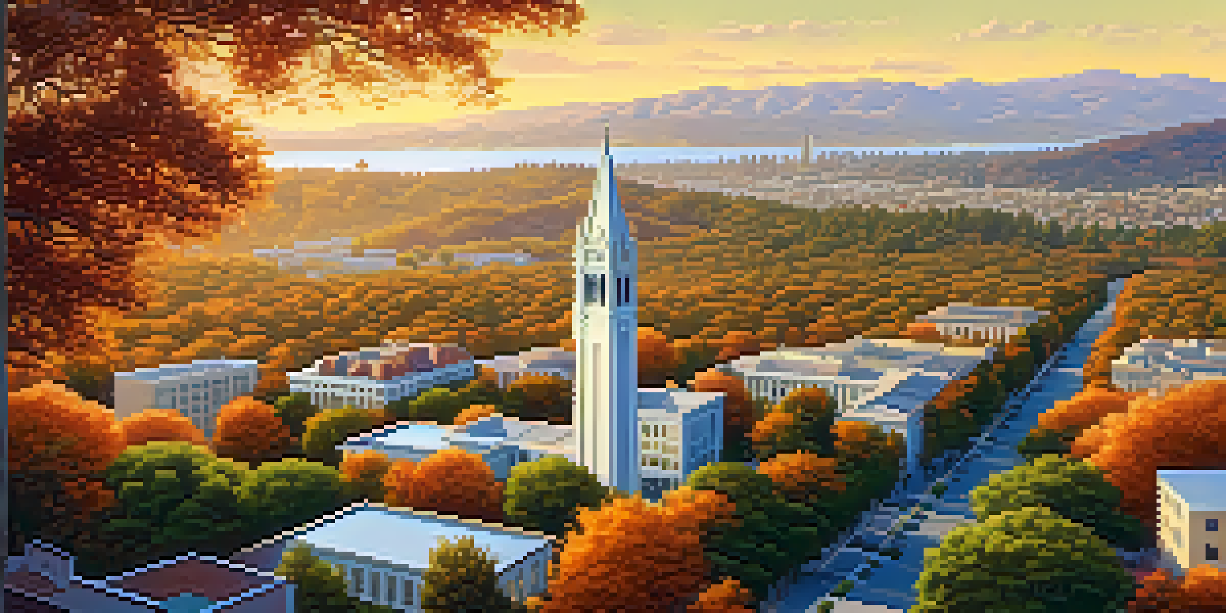 Aerial view of the UC Berkeley campus with the Campanile tower and colorful autumn trees under golden hour lighting.