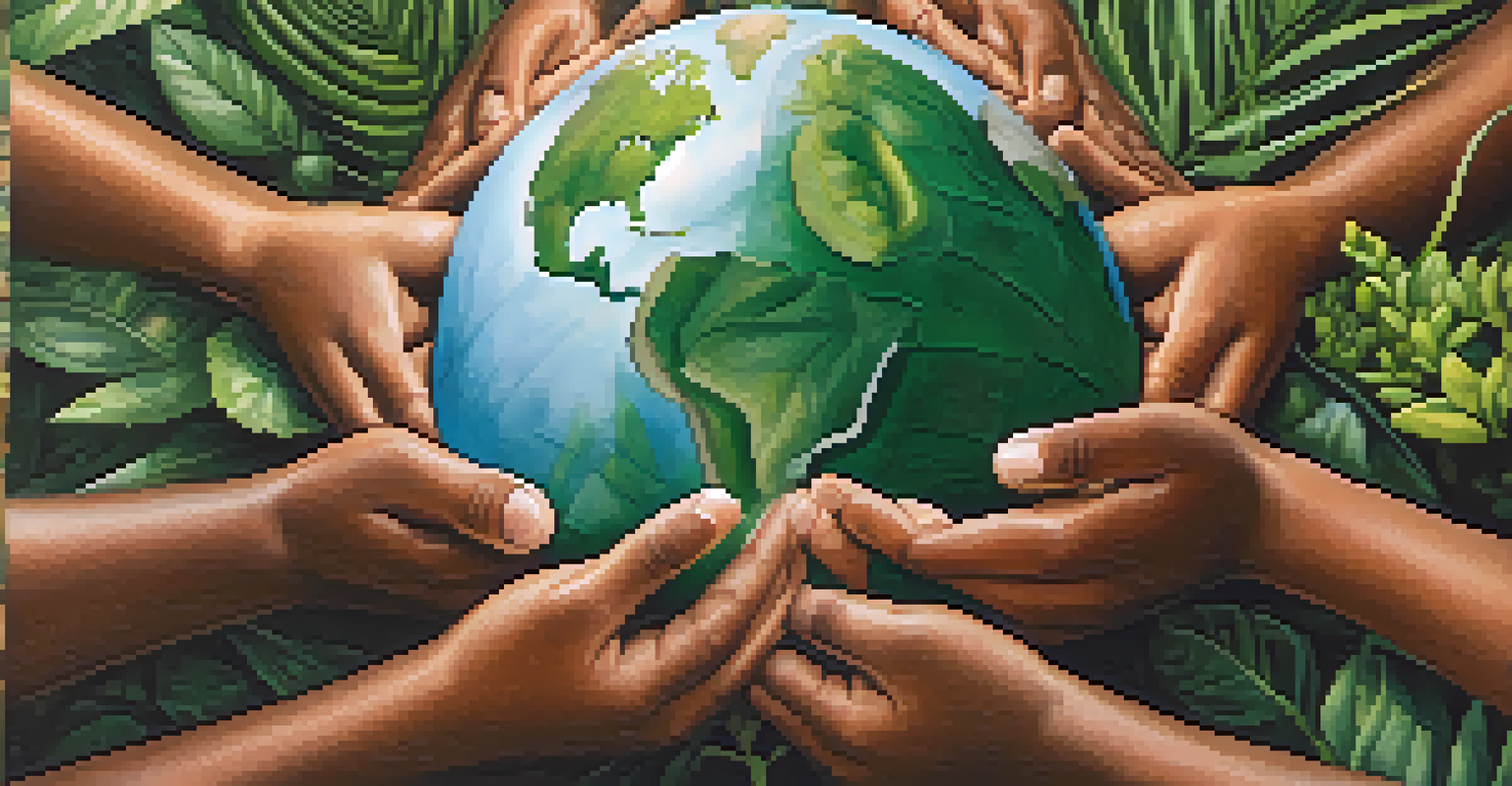 Hands of different skin tones holding a globe surrounded by green plants, symbolizing unity.