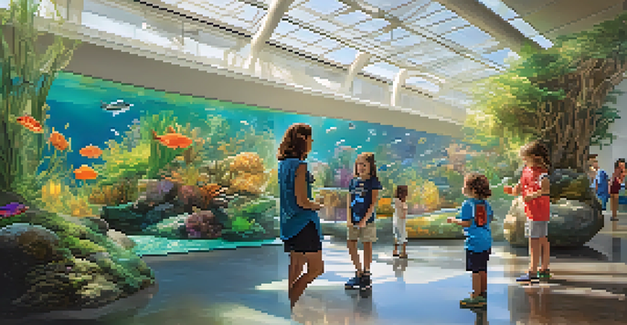 A family enjoys a colorful aquarium at the California Academy of Sciences, with marine life and interactive displays.