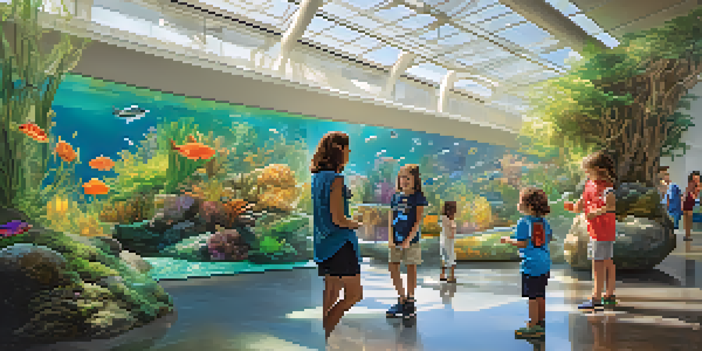 A family enjoys a colorful aquarium at the California Academy of Sciences, with marine life and interactive displays.