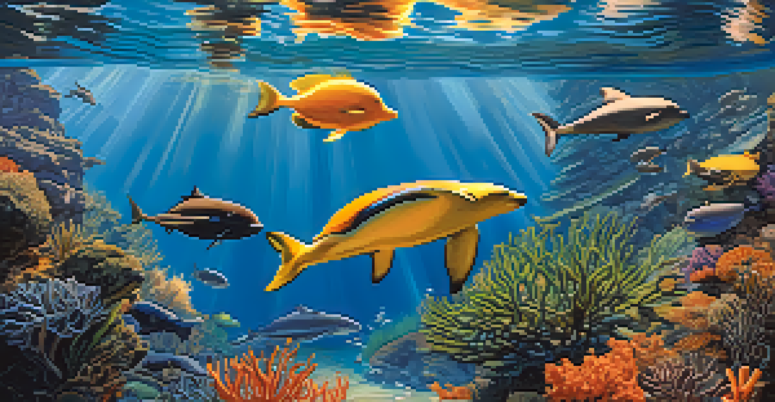 An underwater view of San Francisco Bay, featuring colorful fish, sea lions, and sunlight filtering through the water.