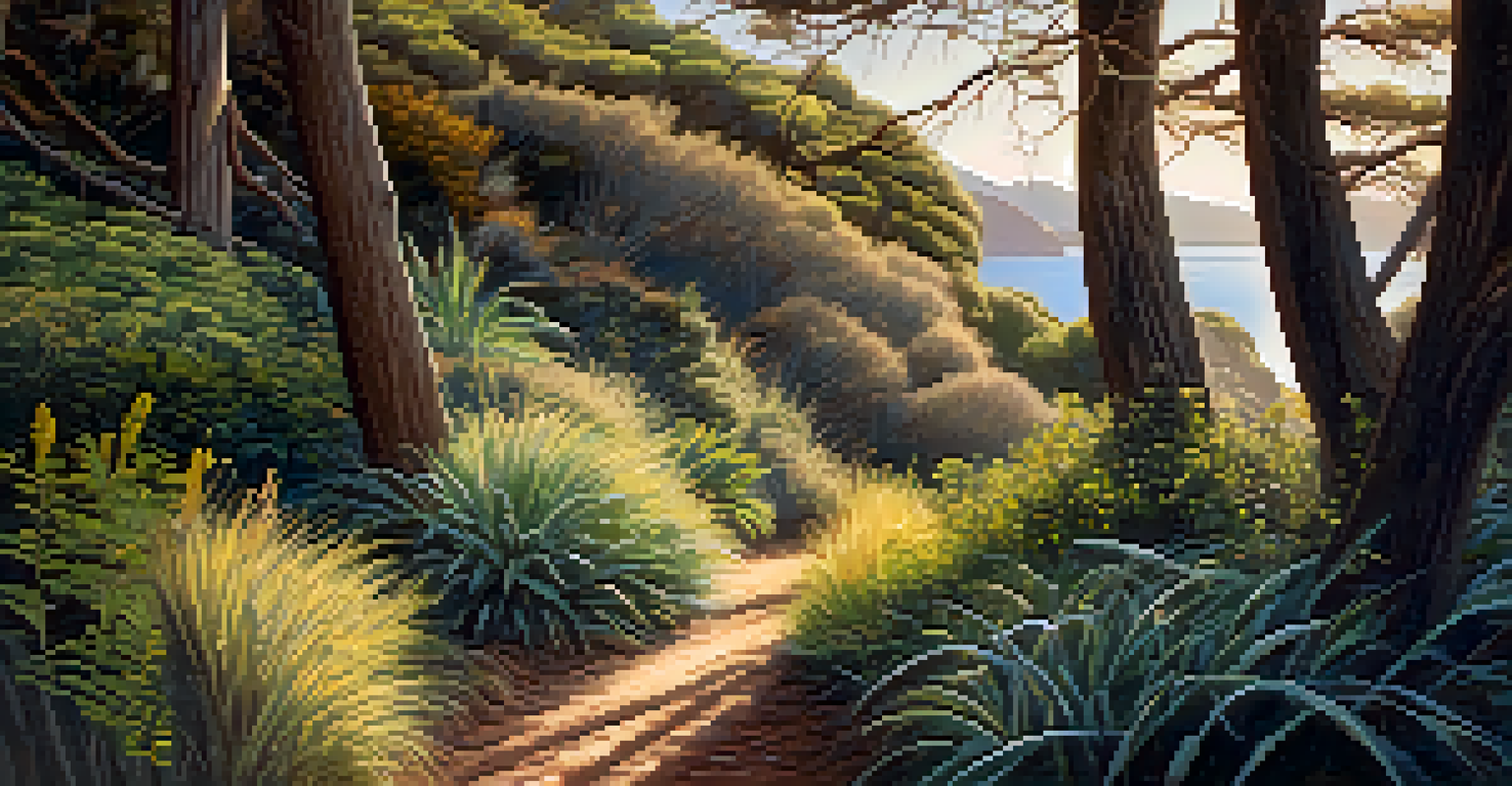 A peaceful trail in the Presidio surrounded by trees and plants, with soft sunlight casting patterns on the ground.