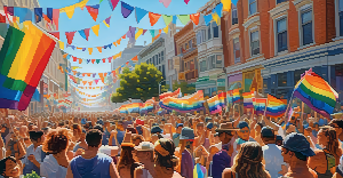 A colorful Pride Parade in San Francisco with diverse participants celebrating and vibrant floats decorated with rainbow flags.