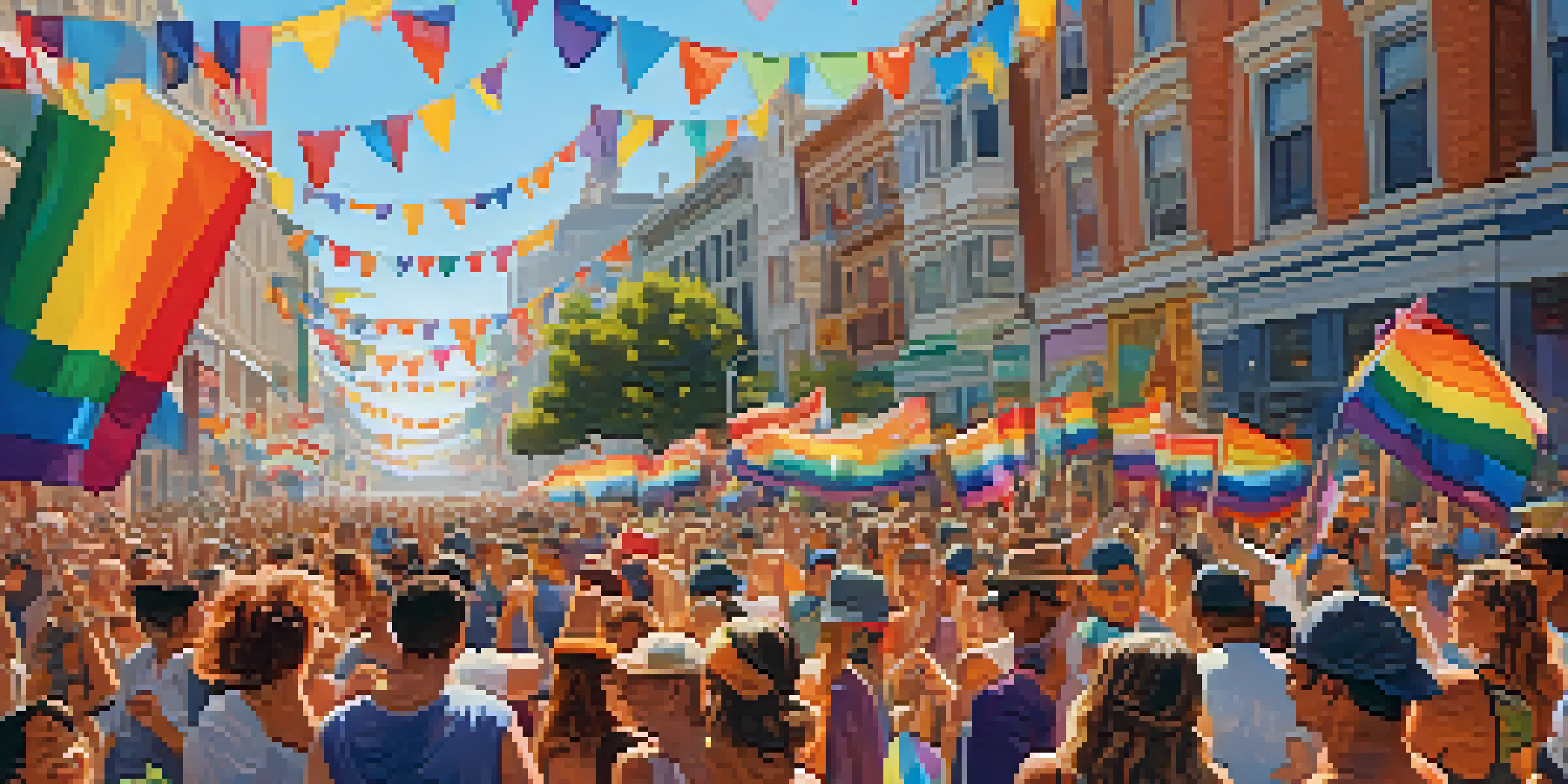 A colorful Pride Parade in San Francisco with diverse participants celebrating and vibrant floats decorated with rainbow flags.