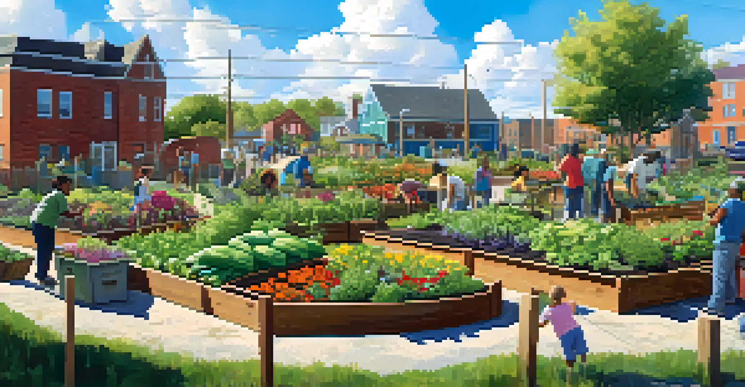 A diverse group of people working in a community garden, planting vegetables and flowers in raised beds under a sunny sky.