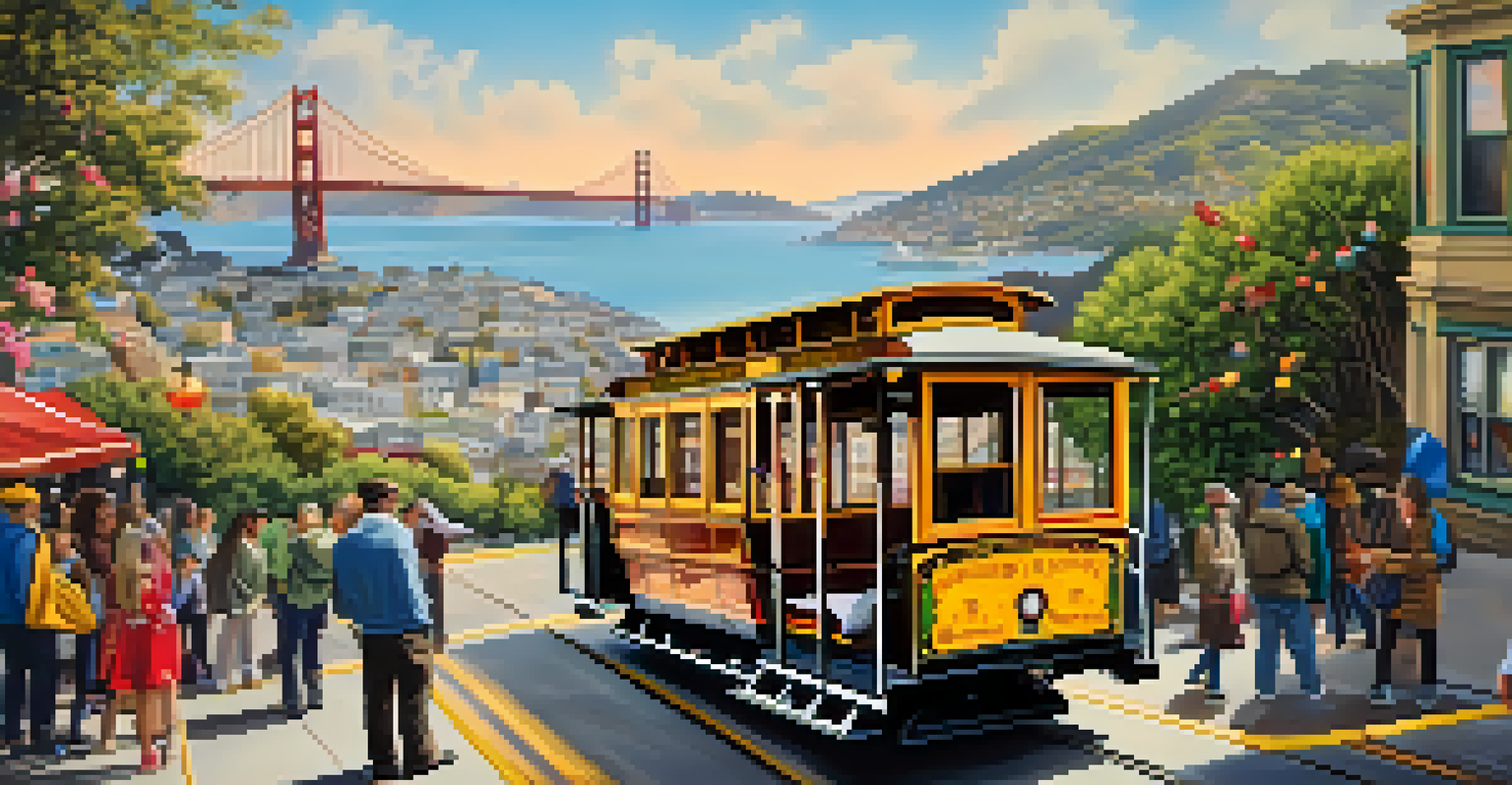 A vintage cable car parked at a viewpoint with a view of San Francisco Bay, surrounded by tourists.