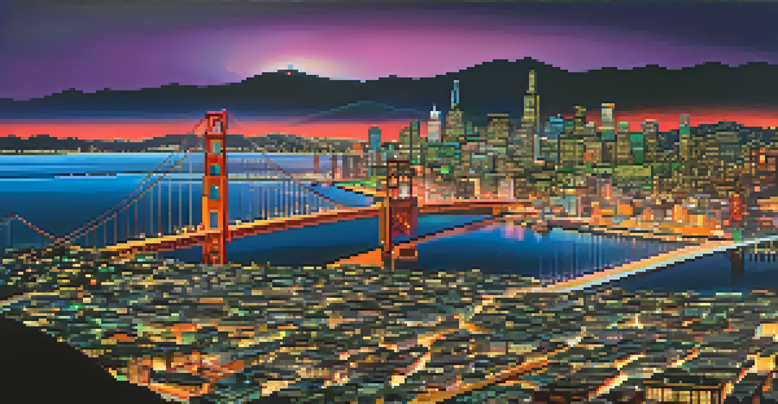 Futuristic San Francisco skyline at dusk with illuminated buildings and the Golden Gate Bridge reflecting on the water.