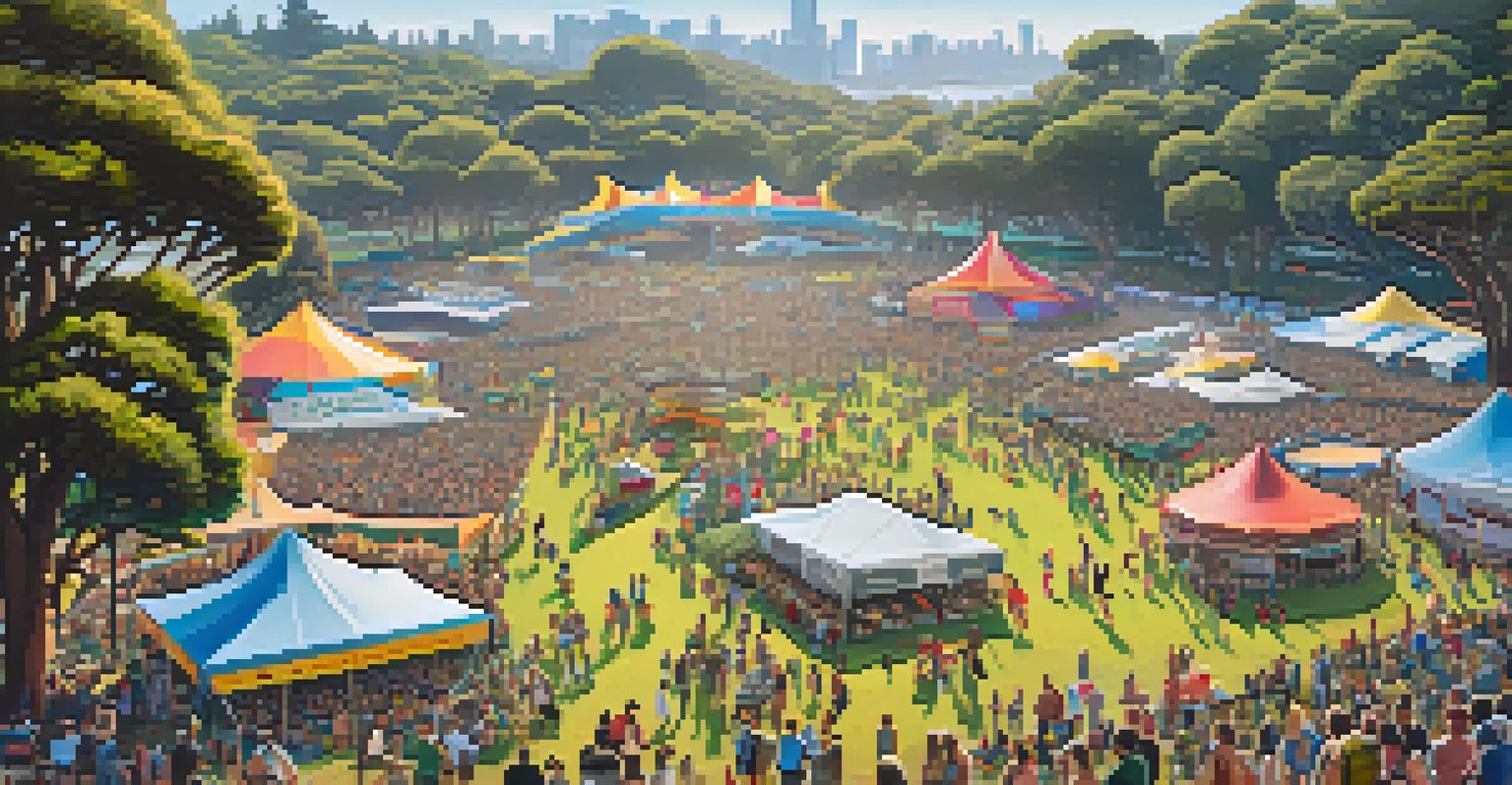 Aerial view of the Outside Lands Festival in Golden Gate Park, showcasing multiple stages, happy attendees, and food vendors amidst lush greenery.