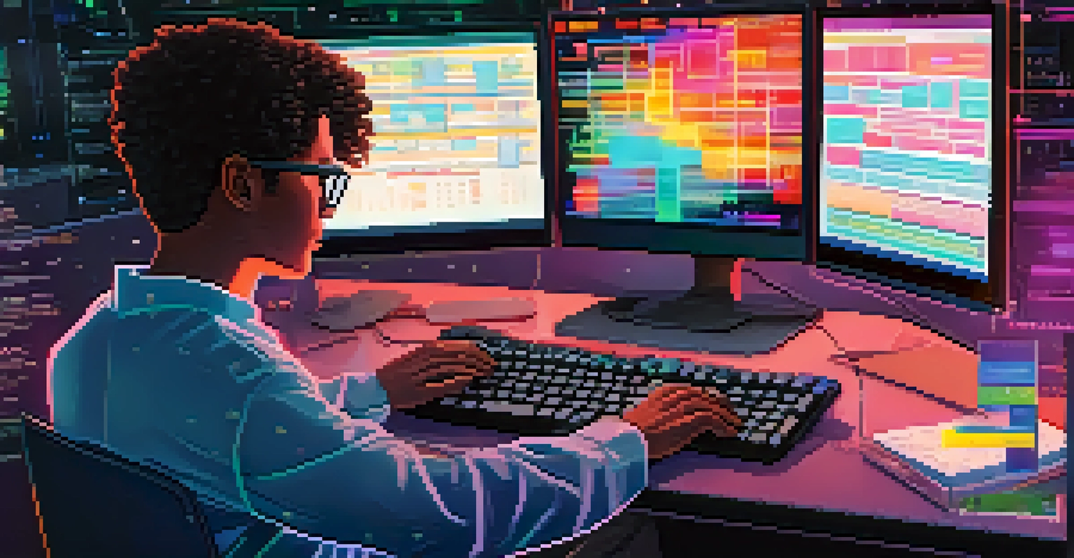 A cozy workspace with a glowing computer screen showing code and hands typing on the keyboard.