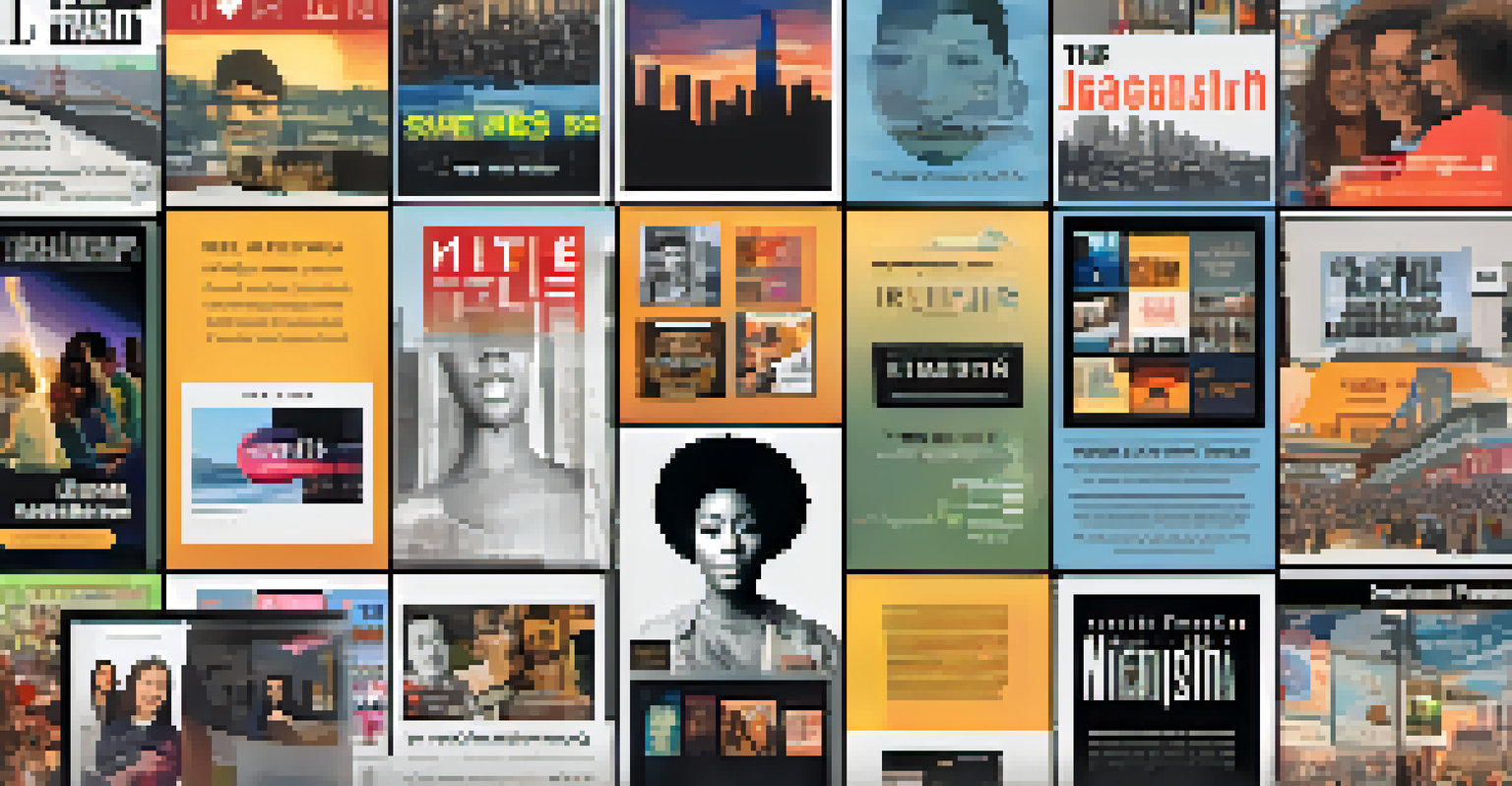 A collage of diverse podcast covers on a digital screen, representing the vibrant podcast scene in San Francisco with a bustling street in the background.
