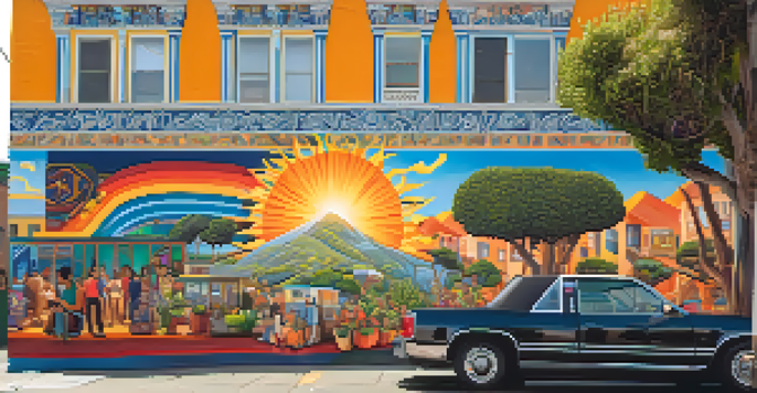 A colorful mural in Balmy Alley, Mission District, San Francisco, depicting Latino culture with intricate patterns and bright colors.