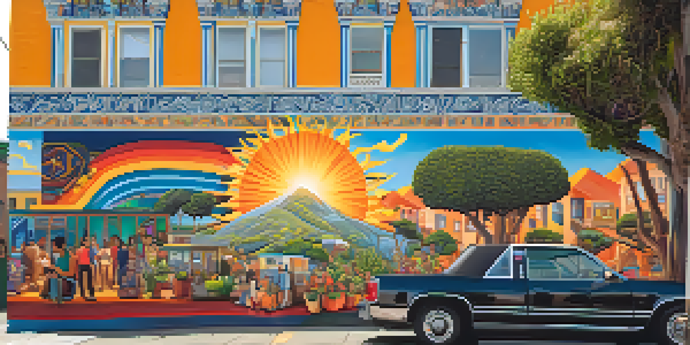 A colorful mural in Balmy Alley, Mission District, San Francisco, depicting Latino culture with intricate patterns and bright colors.