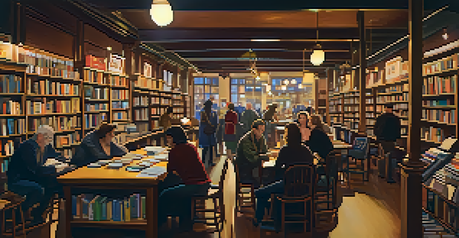 The interior of City Lights Bookstore with writers and artists gathered around a table, surrounded by books and art, embodying the creative spirit of the Beat Generation.